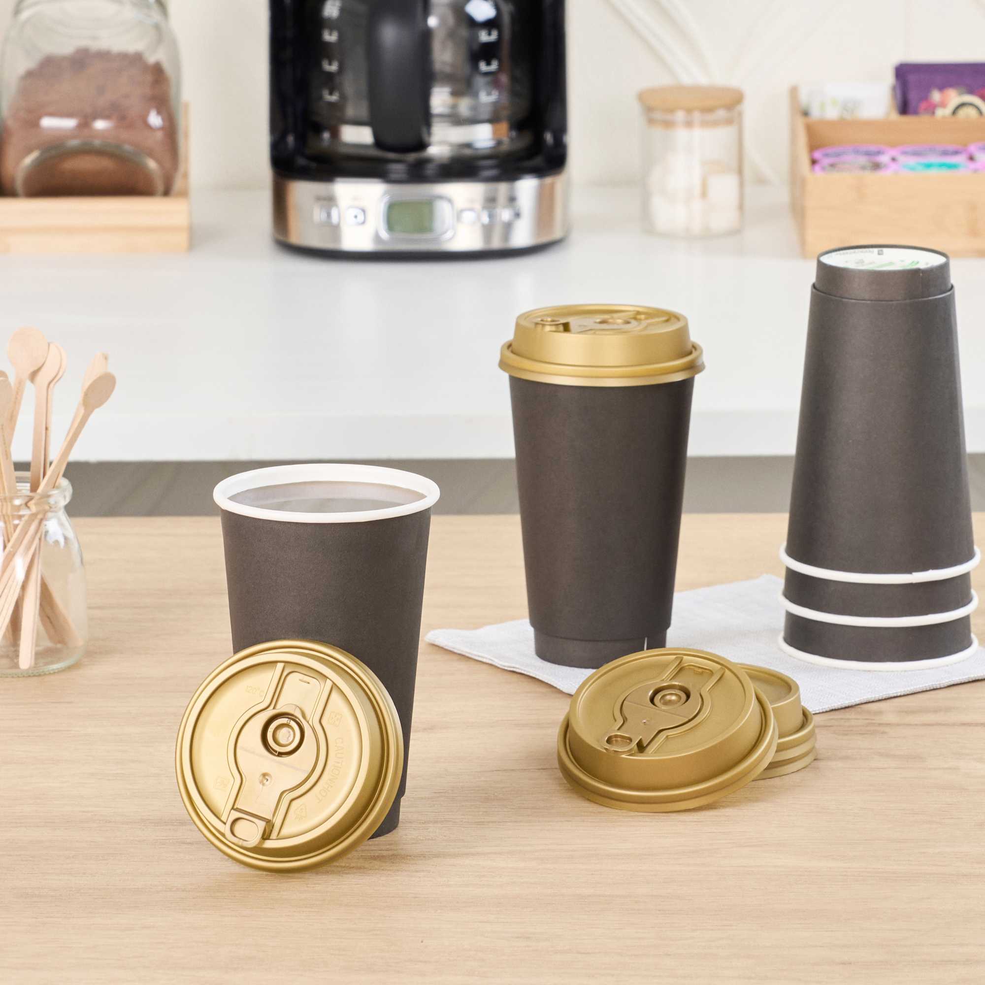 Restpresso Gold Plastic 2-in-1 Straw or Sippy Coffee Cup Lid - with Detachable Double Plug, Fits 8, 12, 16 and 20 oz - 500 count box