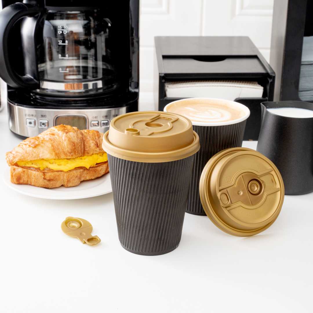 Restpresso Gold Plastic 2-in-1 Straw or Sippy Coffee Cup Lid - with Detachable Double Plug, Fits 8, 12, 16 and 20 oz - 500 count box