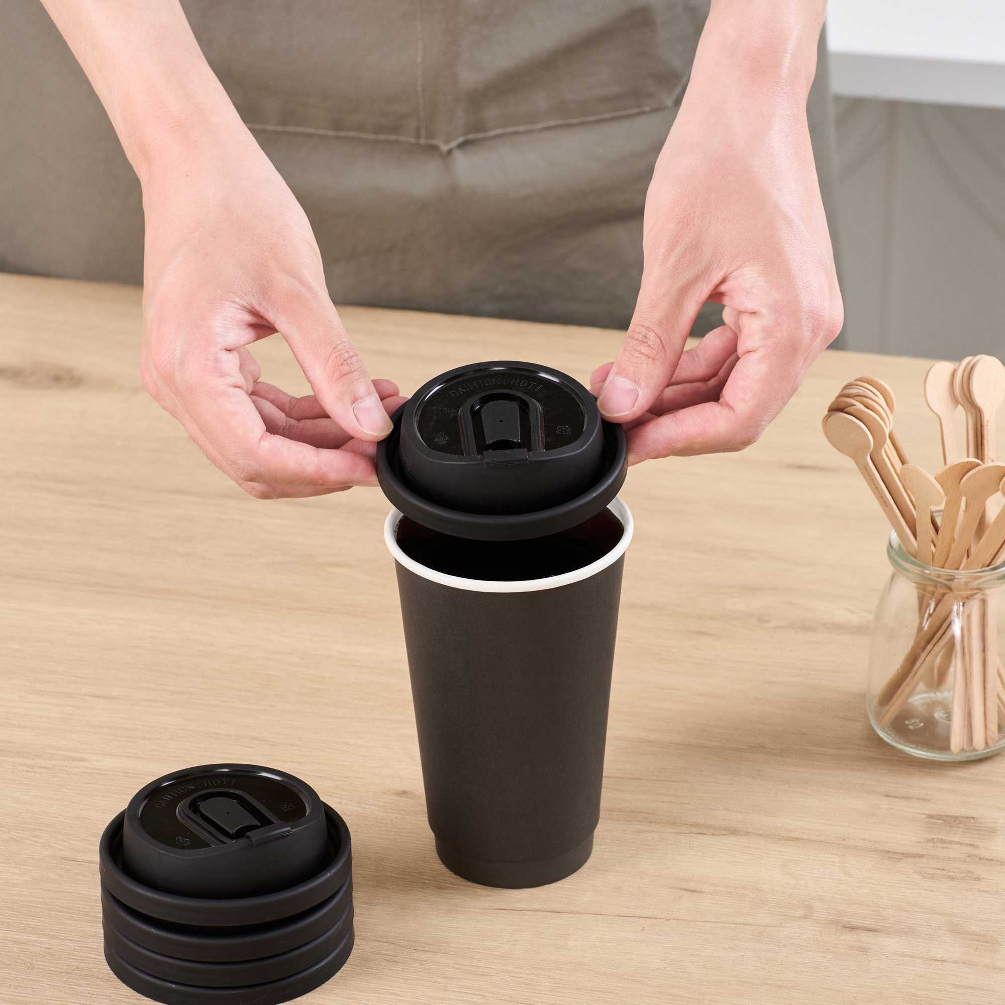 Restpresso Black Plastic Coffee Cup Lid - with Detachable Plug, Fits 8, 12, 16 and 20 oz - 25 count box
