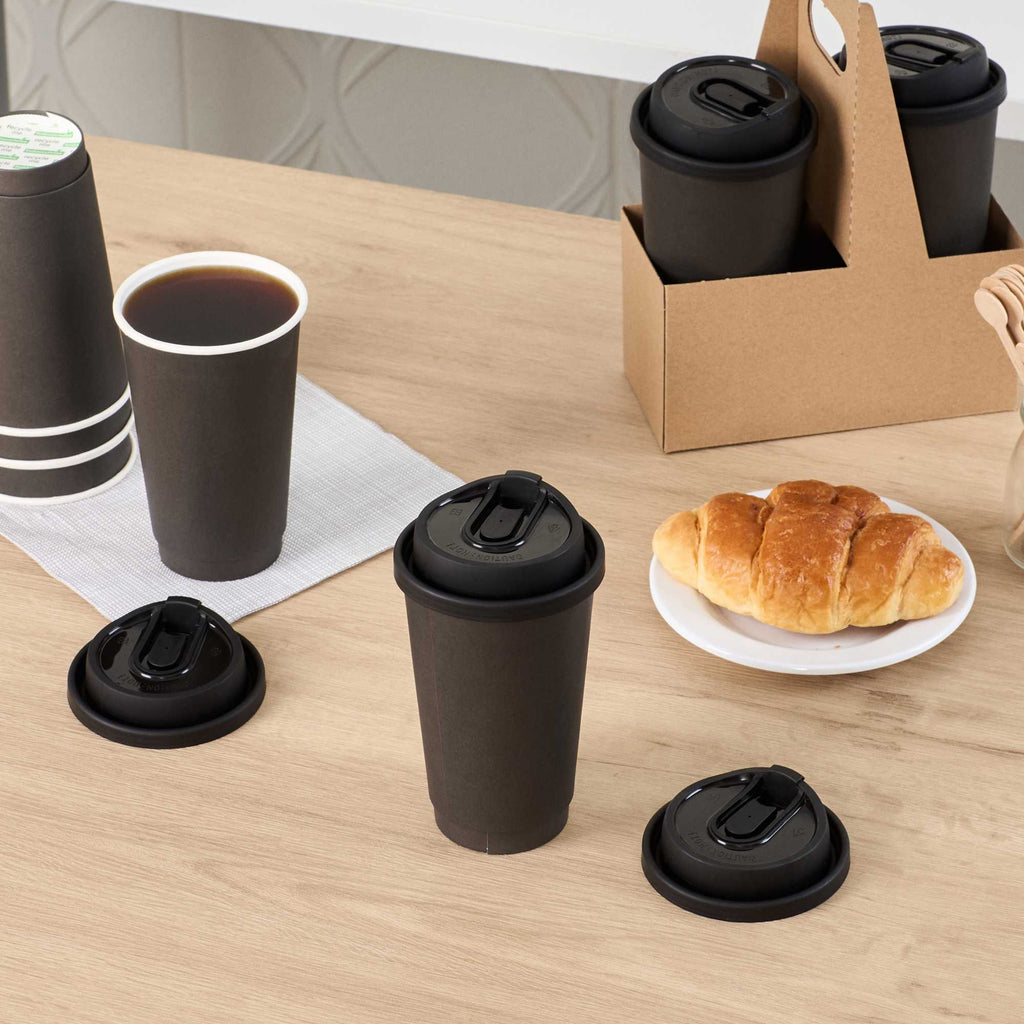 Restpresso Black Plastic Coffee Cup Lid - with Detachable Plug, Fits 8, 12, 16 and 20 oz - 25 count box