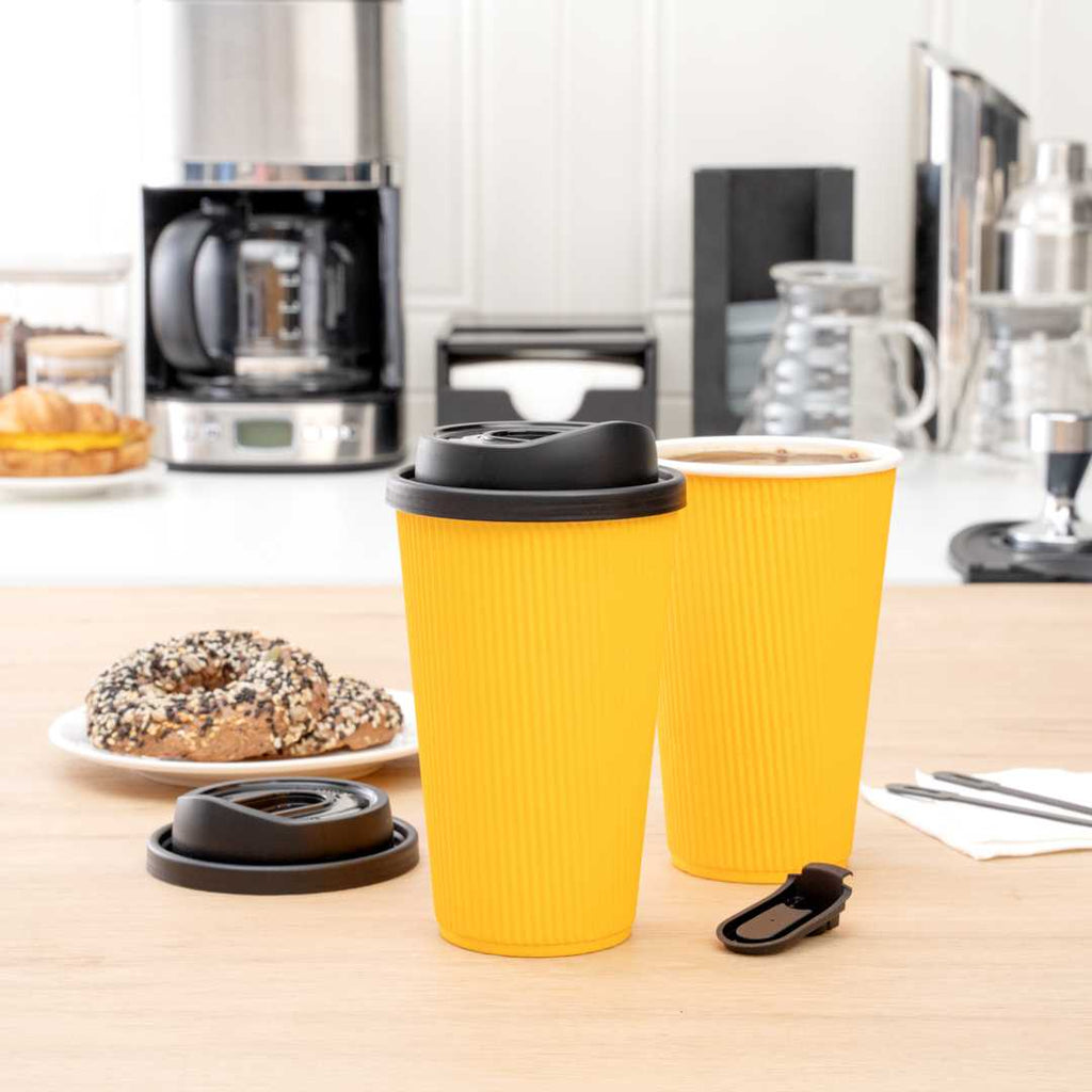 Restpresso Black Plastic Coffee Cup Lid - with Detachable Plug, Fits 8, 12, 16 and 20 oz - 25 count box