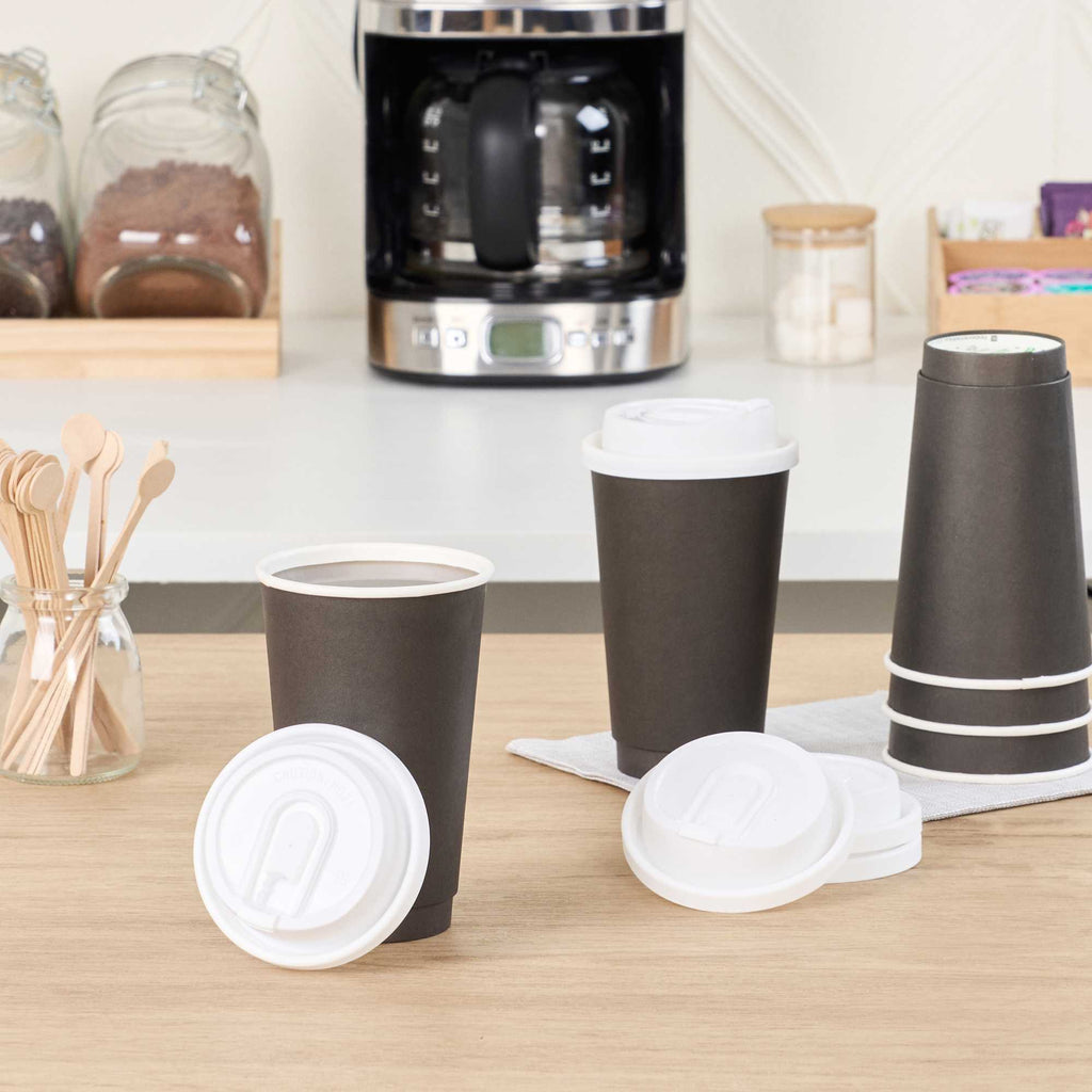 Restpresso White Plastic Coffee Cup Lid - with Detachable Plug, Fits 8, 12, 16 and 20 oz - 25 count box
