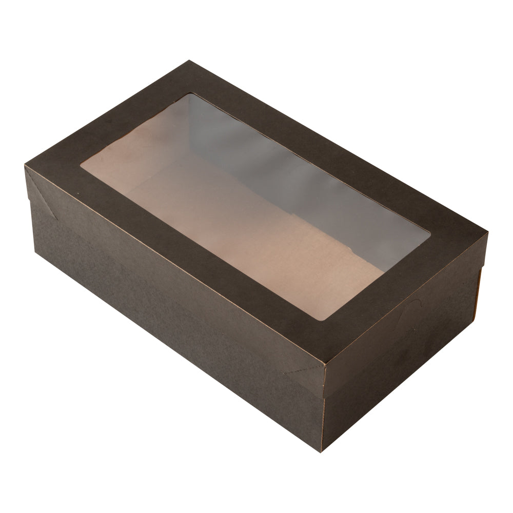 Cater Tek Rectangle Black Paper Catering Box - with Window Lid - 10 1/4" x 6" x 3 1/4" - 10 count box