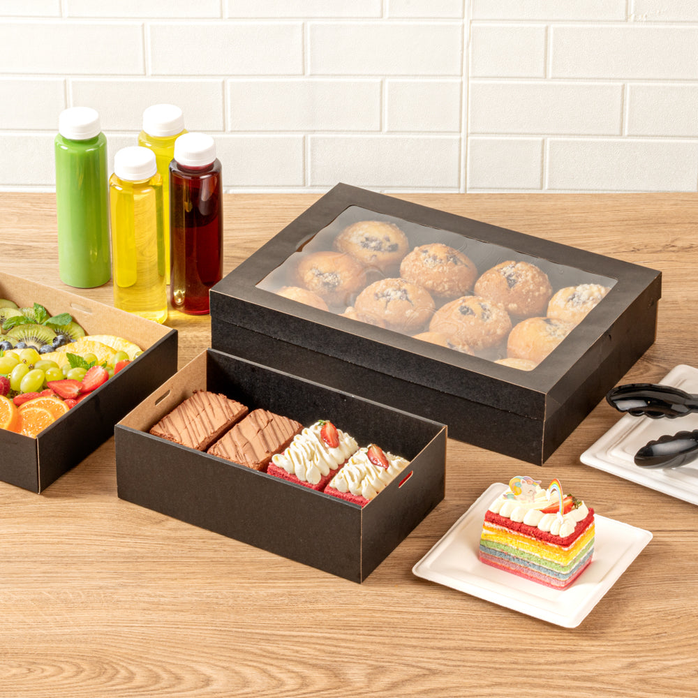 Cater Tek Rectangle Black Paper Catering Box - with Window Lid - 10 1/4" x 6" x 3 1/4" - 10 count box