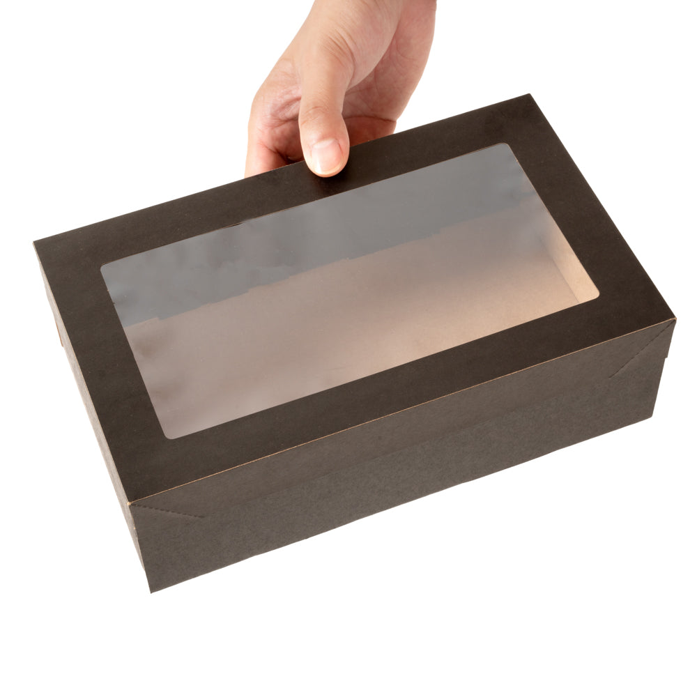 Cater Tek Rectangle Black Paper Catering Box - with Window Lid - 10 1/4" x 6" x 3 1/4" - 100 count box
