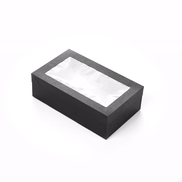 Cater Tek Rectangle Black Paper Catering Box - with Window Lid - 10 1/4" x 6" x 3 1/4" - 100 count box