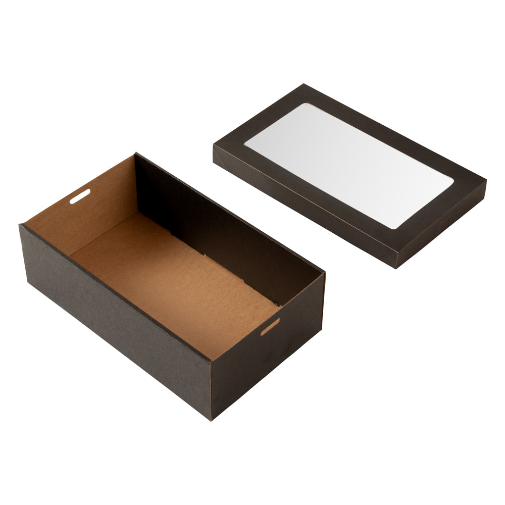 Cater Tek Rectangle Black Paper Catering Box - with Window Lid - 10 1/4" x 6" x 3 1/4" - 100 count box
