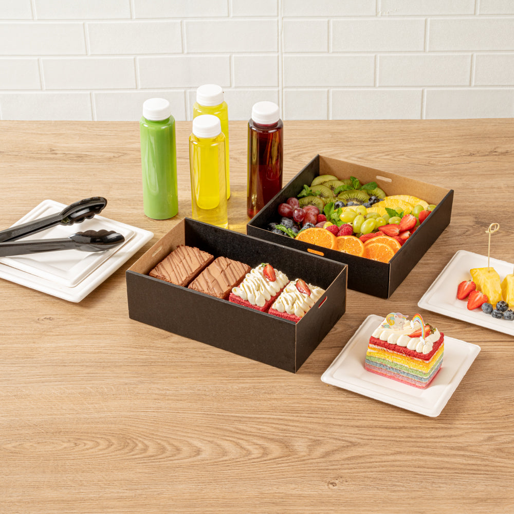 Cater Tek Rectangle Black Paper Catering Box - with Window Lid - 10 1/4" x 6" x 3 1/4" - 100 count box