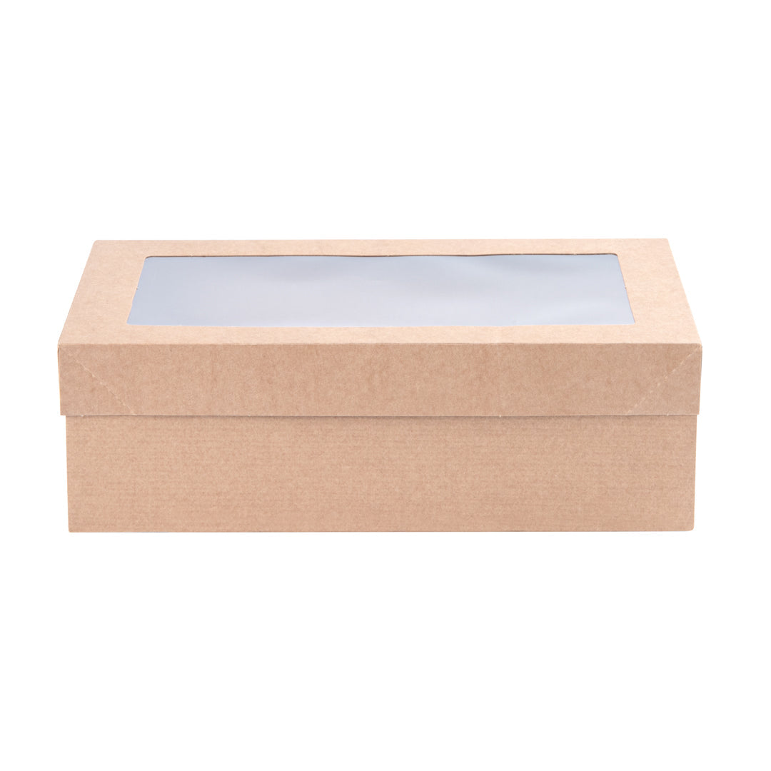 Cater Tek Rectangle Kraft Paper Catering Box - with Window Lid - 10 1/4" x 6" x 3 1/4" - 10 count box