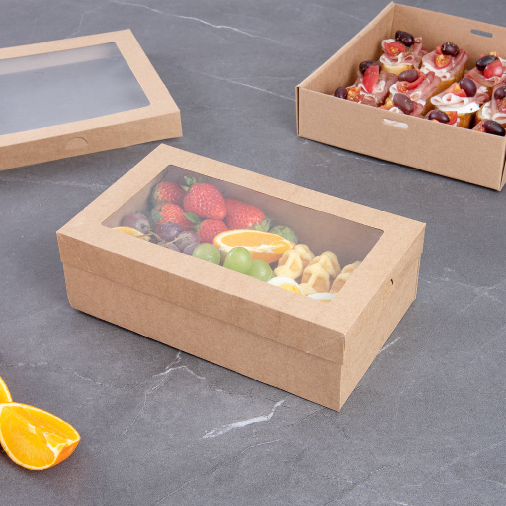 Cater Tek Rectangle Kraft Paper Catering Box - with Window Lid - 10 1/4" x 6" x 3 1/4" - 10 count box