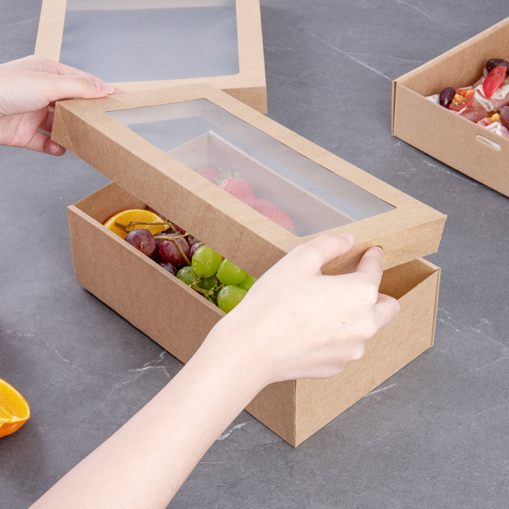 Cater Tek Rectangle Kraft Paper Catering Box - with Window Lid - 10 1/4" x 6" x 3 1/4" - 10 count box