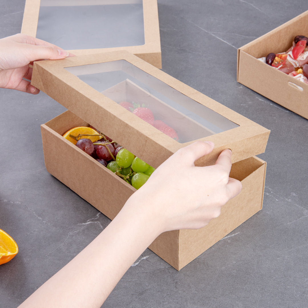 Cater Tek Rectangle Kraft Paper Catering Box - with Window Lid - 10 1/4" x 6" x 3 1/4" - 10 count box