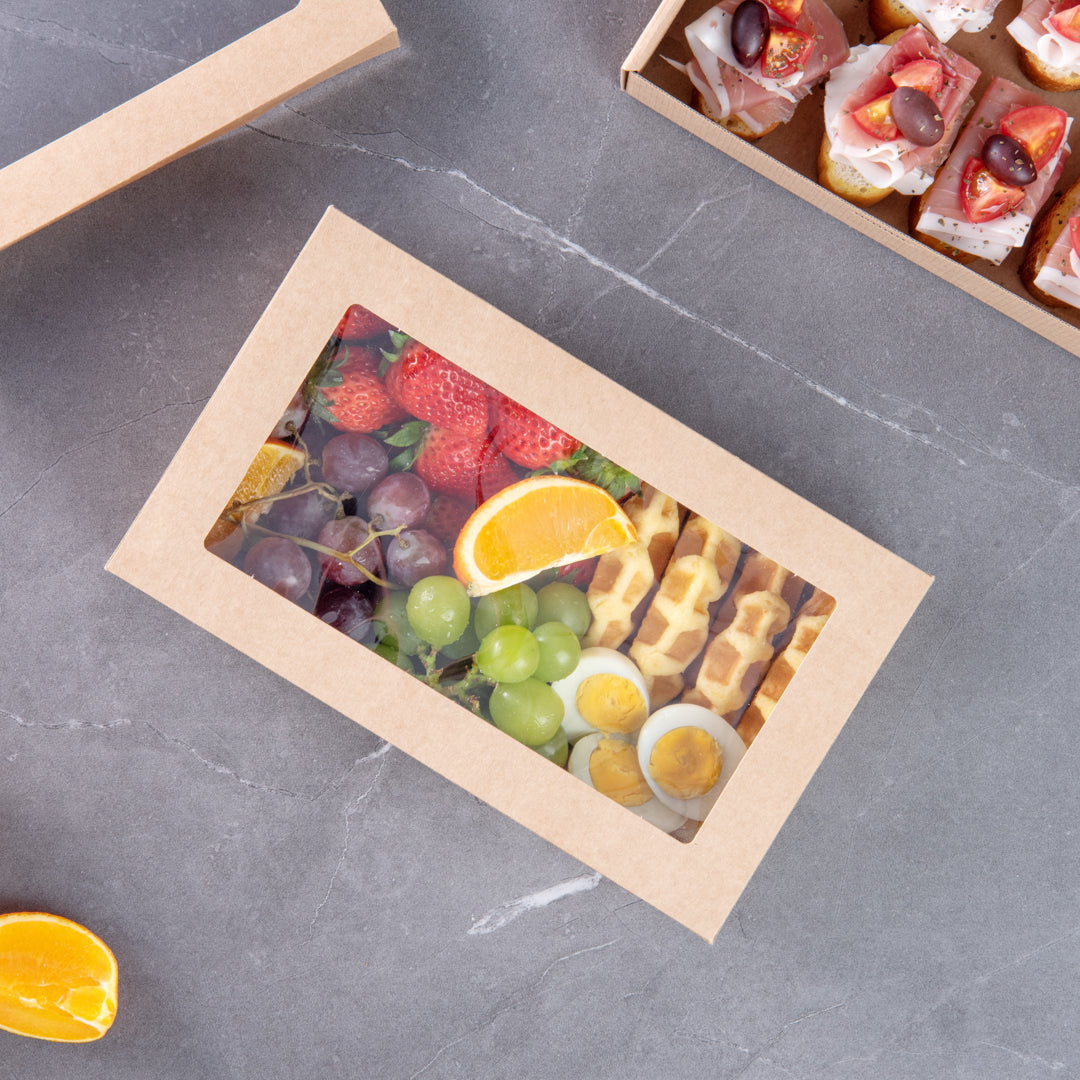 Cater Tek Rectangle Kraft Paper Catering Box - with Window Lid - 10 1/4" x 6" x 3 1/4" - 10 count box