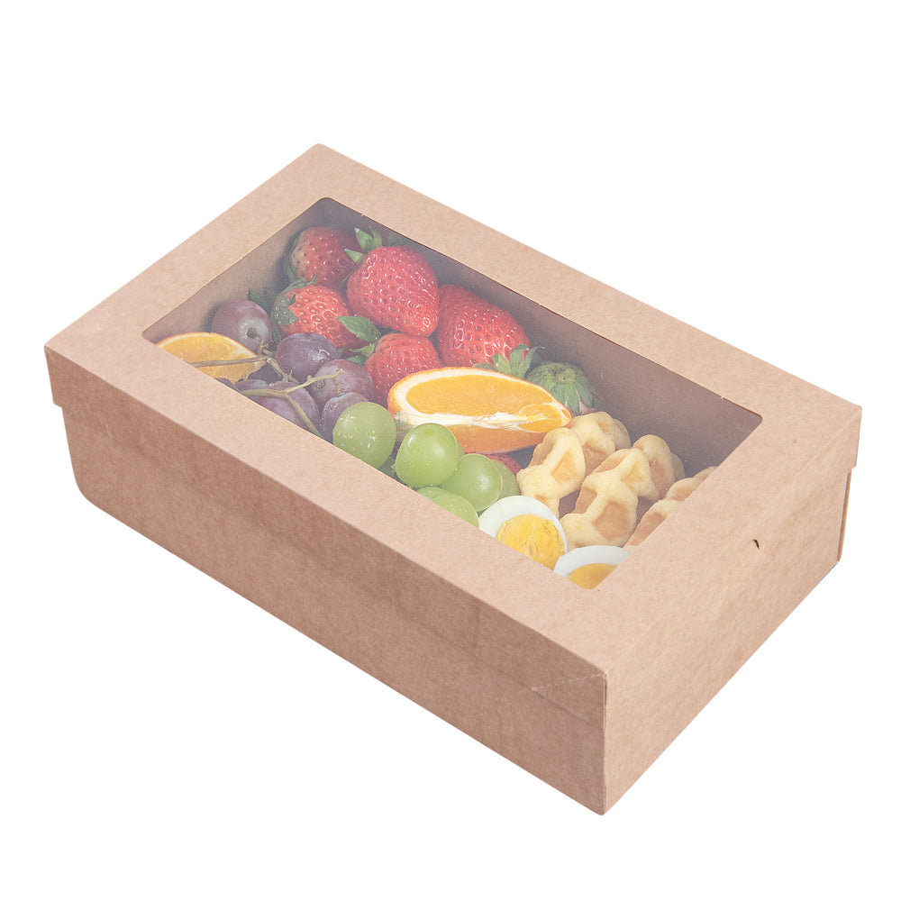 Cater Tek Rectangle Kraft Paper Catering Box - with Window Lid - 10 1/4" x 6" x 3 1/4" - 100 count box