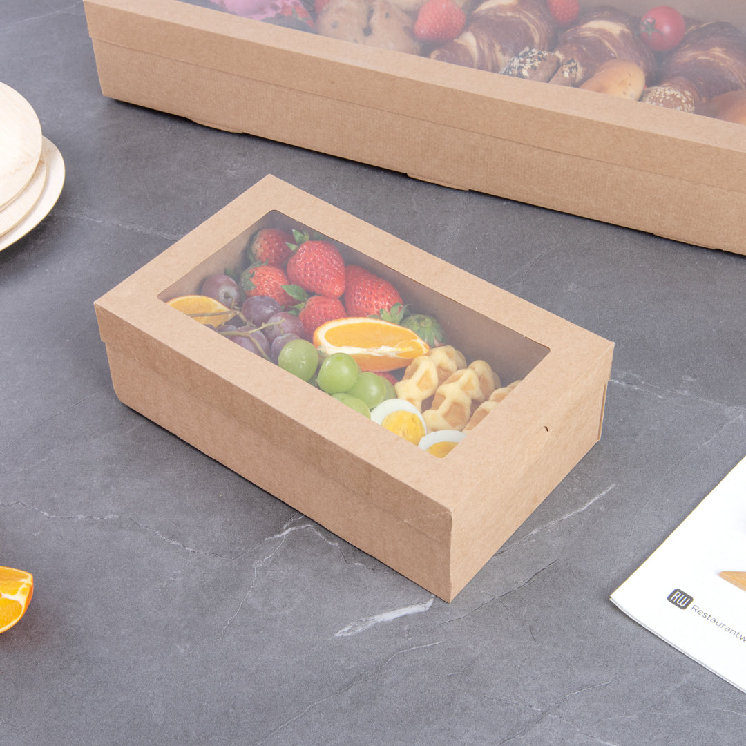 Cater Tek Rectangle Kraft Paper Catering Box - with Window Lid - 10 1/4" x 6" x 3 1/4" - 100 count box