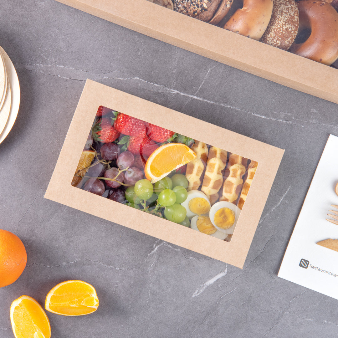 Cater Tek Rectangle Kraft Paper Catering Box - with Window Lid - 10 1/4" x 6" x 3 1/4" - 100 count box