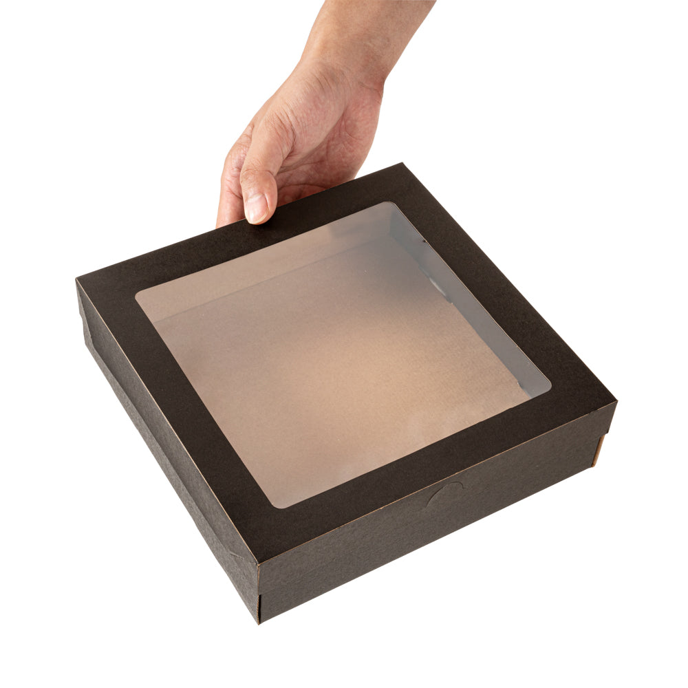 Cater Tek Square Black Paper Catering Box - with Window Lid - 9" x 9" x 2 1/4" - 10 count box