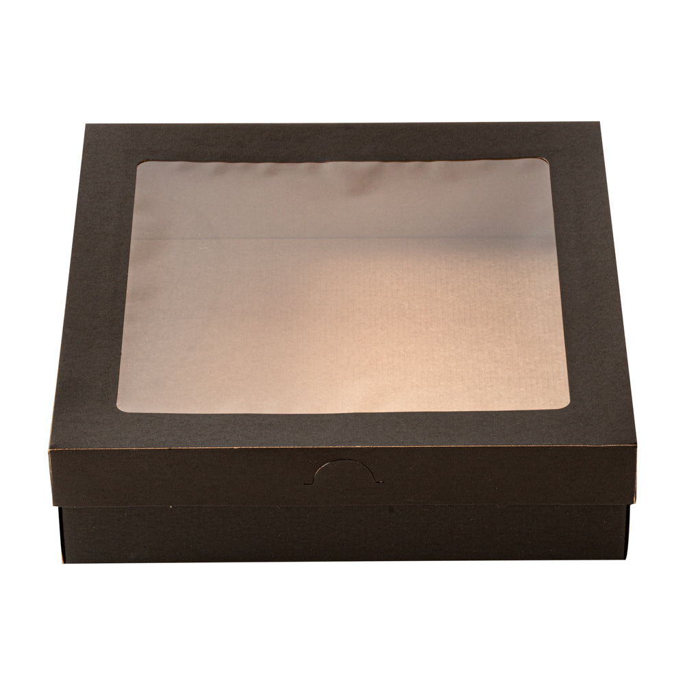 Cater Tek Square Black Paper Catering Box - with Window Lid - 9" x 9" x 2 1/4" - 10 count box