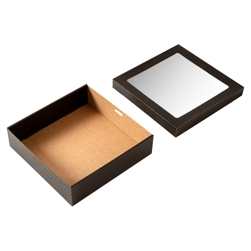 Cater Tek Square Black Paper Catering Box - with Window Lid - 9" x 9" x 2 1/4" - 10 count box