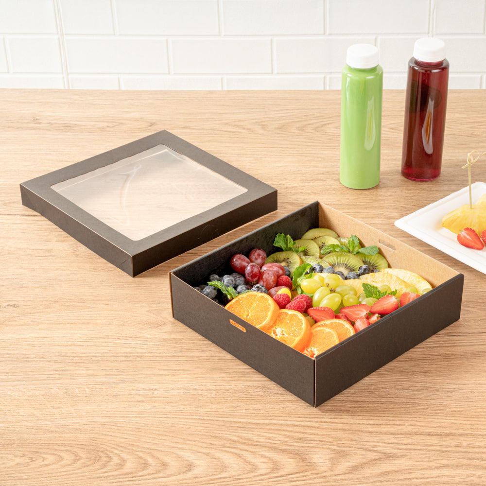 Cater Tek Square Black Paper Catering Box - with Window Lid - 9" x 9" x 2 1/4" - 100 count box