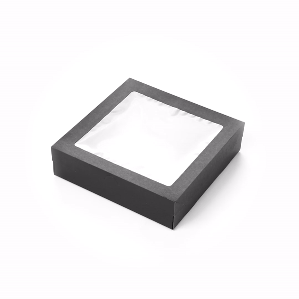 Cater Tek Square Black Paper Catering Box - with Window Lid - 9" x 9" x 2 1/4" - 100 count box