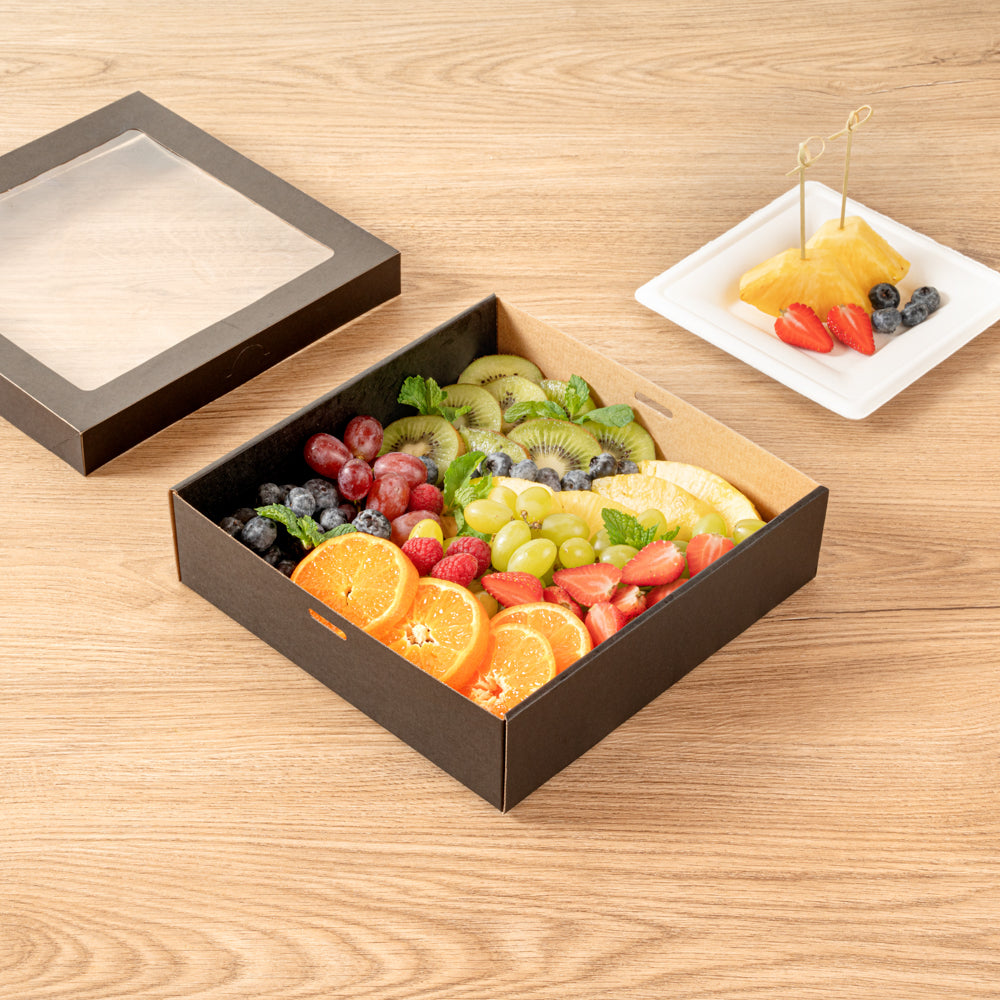 Cater Tek Square Black Paper Catering Box - with Window Lid - 9" x 9" x 2 1/4" - 100 count box