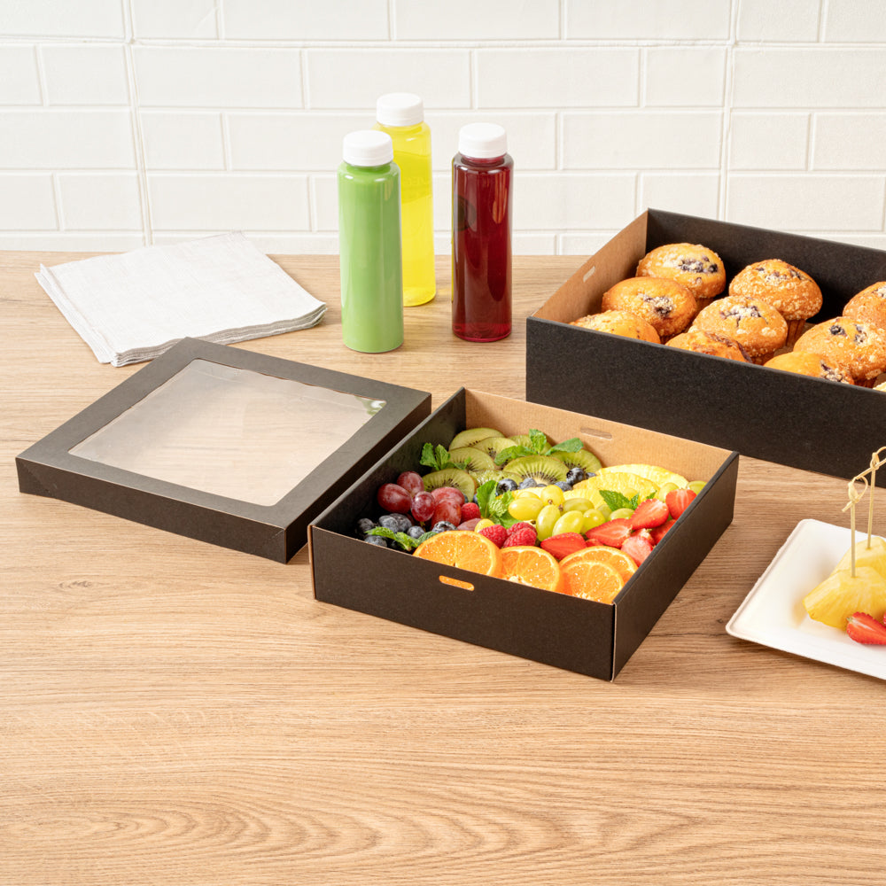 Cater Tek Square Black Paper Catering Box - with Window Lid - 9" x 9" x 2 1/4" - 100 count box