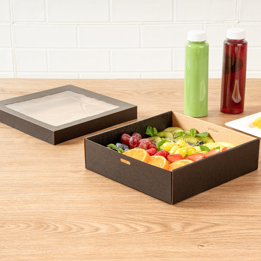 Cater Tek Square Black Paper Catering Box - with Window Lid - 9" x 9" x 2 1/4" - 100 count box