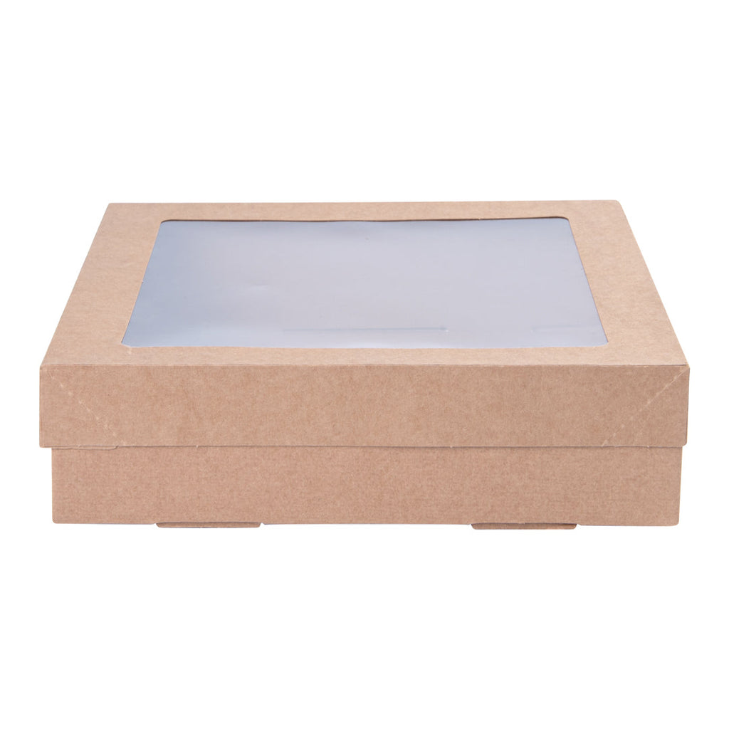 Cater Tek Square Kraft Paper Catering Box - with Window Lid - 9" x 9" x 2 1/4" - 10 count box