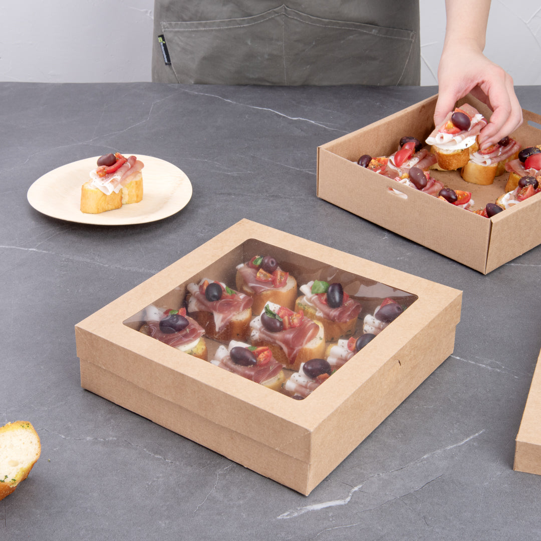 Cater Tek Square Kraft Paper Catering Box - with Window Lid - 9" x 9" x 2 1/4" - 10 count box