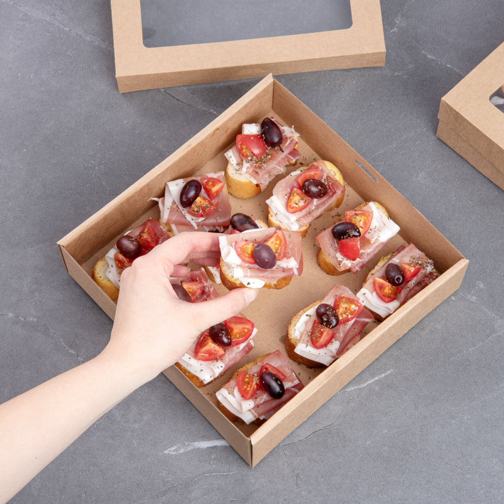 Cater Tek Square Kraft Paper Catering Box - with Window Lid - 9" x 9" x 2 1/4" - 100 count box