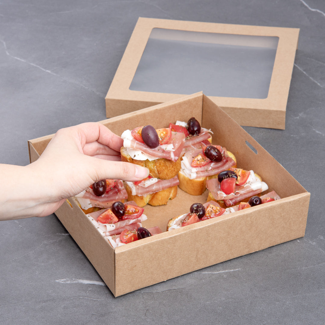 Cater Tek Square Kraft Paper Catering Box - with Window Lid - 9" x 9" x 2 1/4" - 100 count box