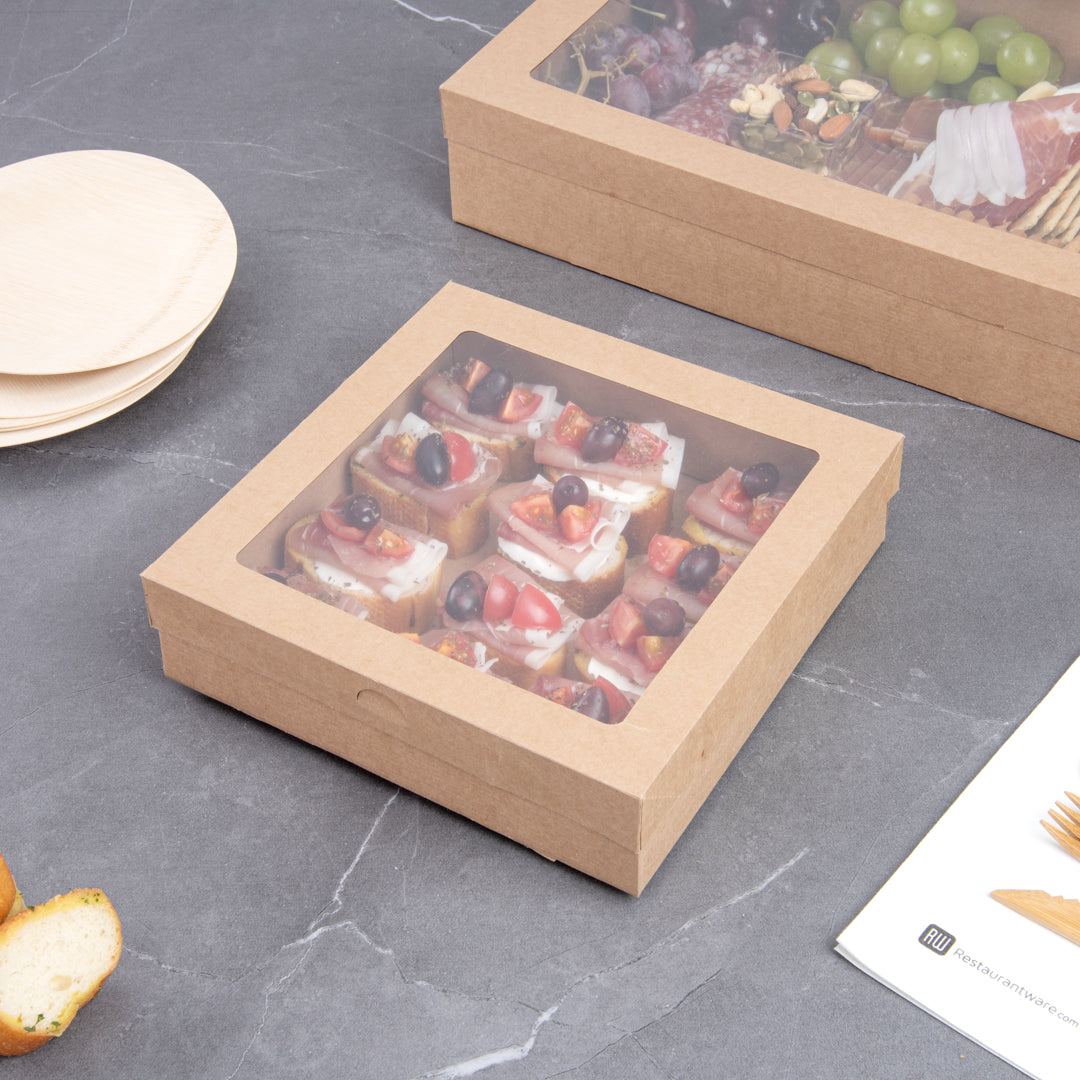 Cater Tek Square Kraft Paper Catering Box - with Window Lid - 9" x 9" x 2 1/4" - 100 count box
