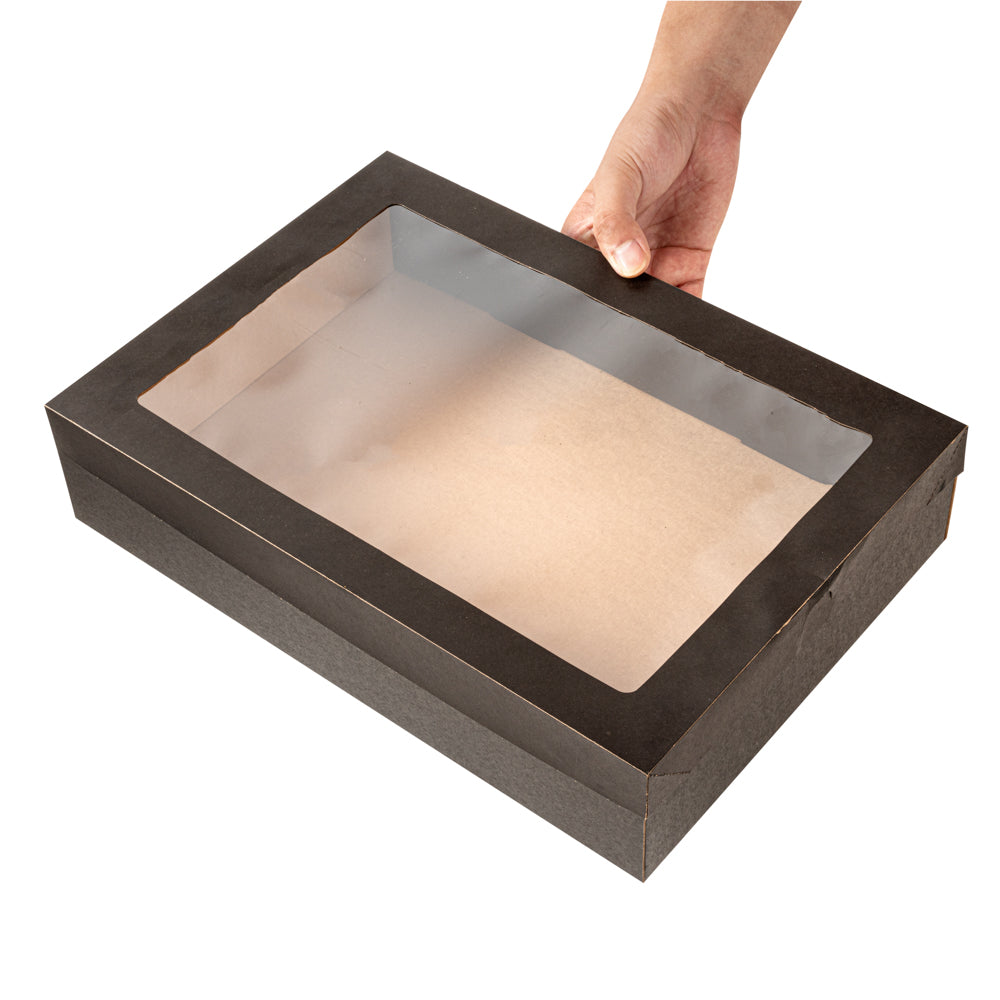 Cater Tek Rectangle Black Paper Catering Box - with Window Lid - 14 1/4" x 10" x 3 1/4" - 10 count box