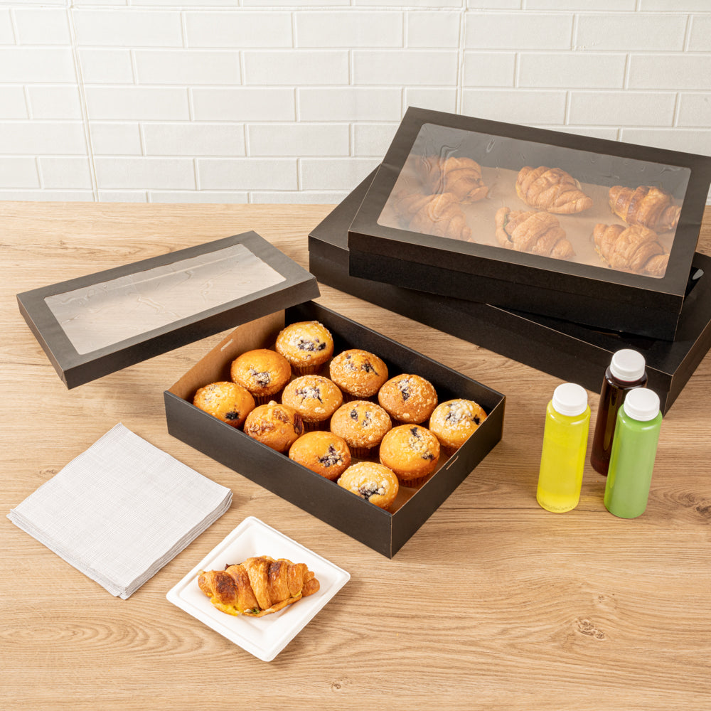 Cater Tek Rectangle Black Paper Catering Box - with Window Lid - 14 1/4" x 10" x 3 1/4" - 10 count box