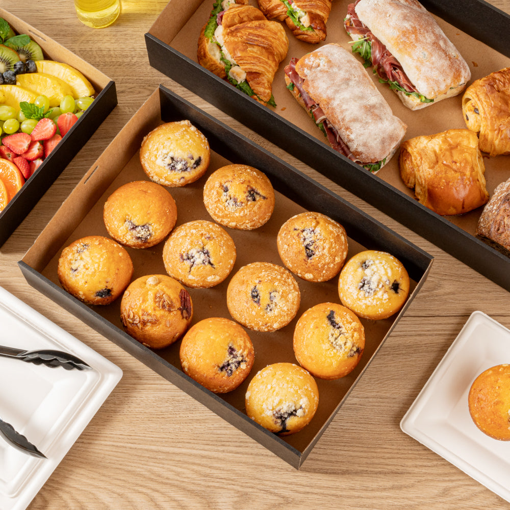 Cater Tek Rectangle Black Paper Catering Box - with Window Lid - 14 1/4" x 10" x 3 1/4" - 10 count box