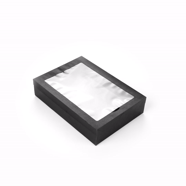Cater Tek Rectangle Black Paper Catering Box - with Window Lid - 14 1/4" x 10" x 3 1/4" - 100 count box