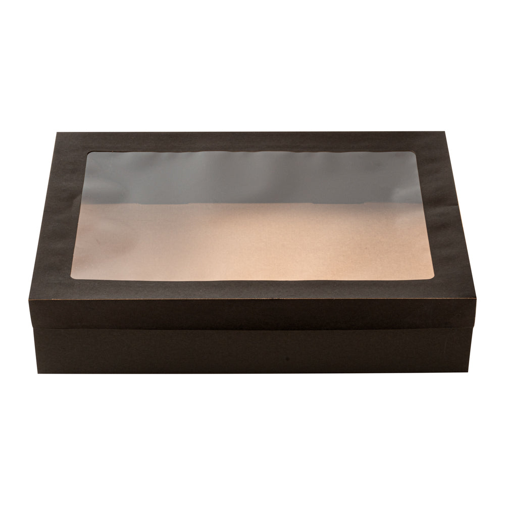 Cater Tek Rectangle Black Paper Catering Box - with Window Lid - 14 1/4" x 10" x 3 1/4" - 100 count box