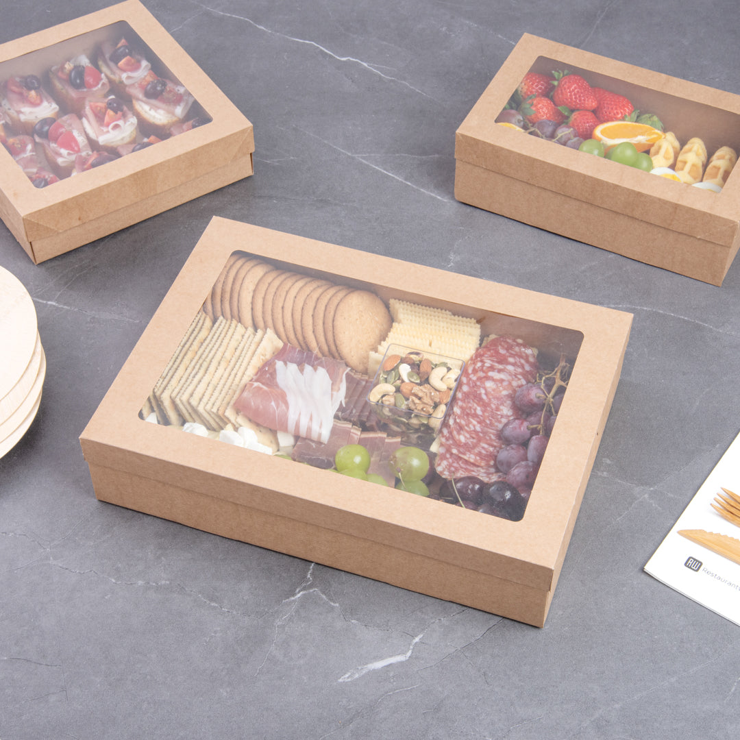 Cater Tek Rectangle Kraft Paper Catering Box - with Window Lid - 14 1/4" x 10" x 3 1/4" - 10 count box