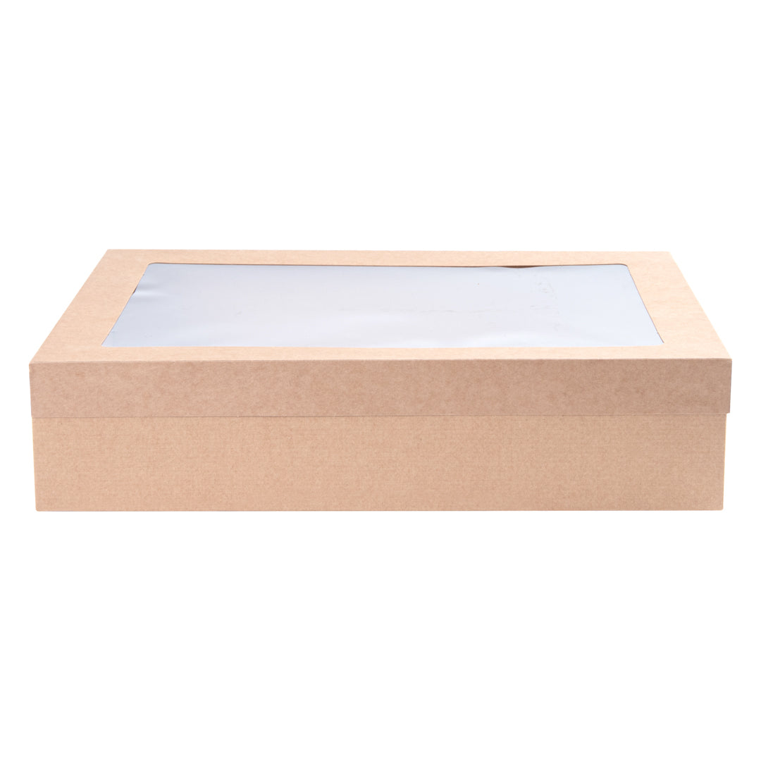 Cater Tek Rectangle Kraft Paper Catering Box - with Window Lid - 14 1/4" x 10" x 3 1/4" - 10 count box
