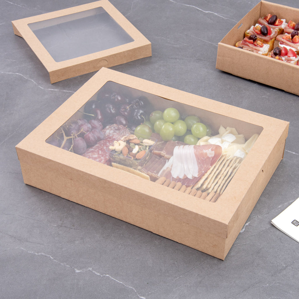 Cater Tek Rectangle Kraft Paper Catering Box - with Window Lid - 14 1/4" x 10" x 3 1/4" - 10 count box
