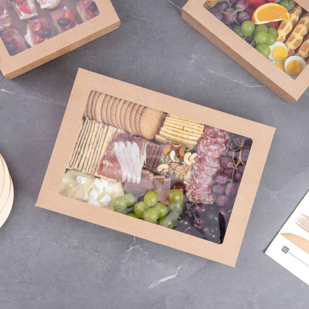 Cater Tek Rectangle Kraft Paper Catering Box - with Window Lid - 14 1/4" x 10" x 3 1/4" - 10 count box