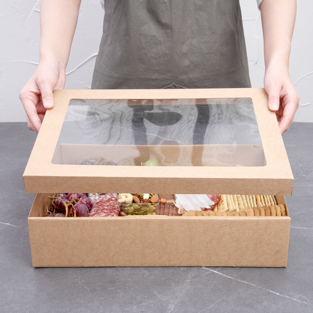 Cater Tek Rectangle Kraft Paper Catering Box - with Window Lid - 14 1/4" x 10" x 3 1/4" - 100 count box