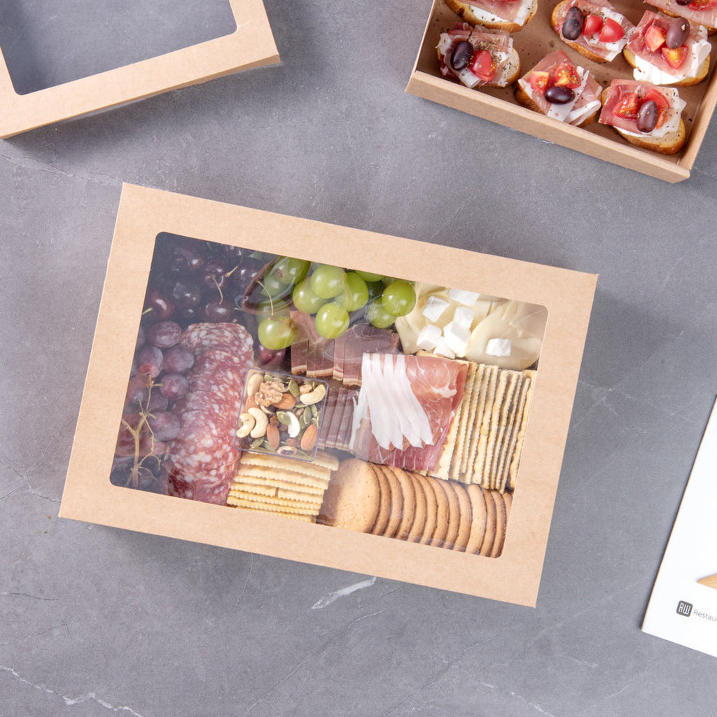 Cater Tek Rectangle Kraft Paper Catering Box - with Window Lid - 14 1/4" x 10" x 3 1/4" - 100 count box