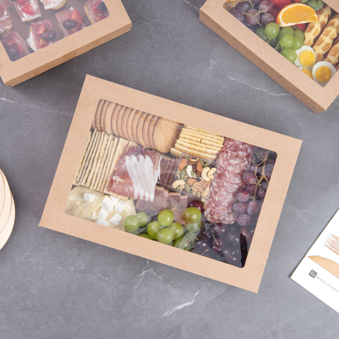 Cater Tek Rectangle Kraft Paper Catering Box - with Window Lid - 14 1/4" x 10" x 3 1/4" - 100 count box