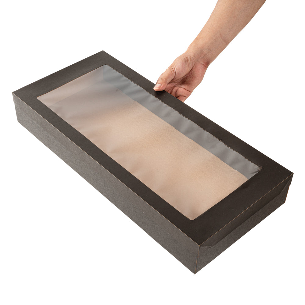 Cater Tek Rectangle Black Paper Catering Box - with Window Lid - 22 1/4" x 10" x 3 1/4" - 100 count box
