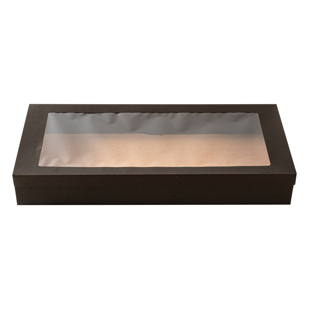 Cater Tek Rectangle Black Paper Catering Box - with Window Lid - 22 1/4" x 10" x 3 1/4" - 100 count box