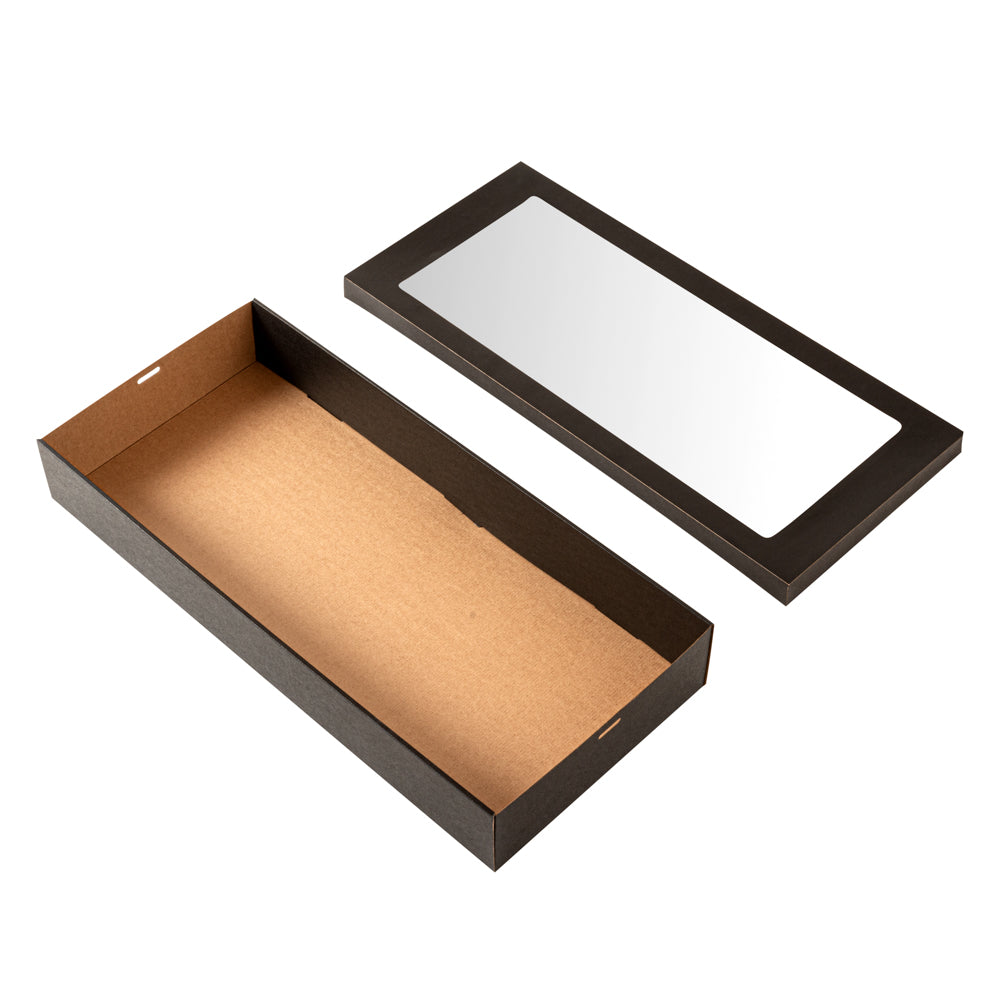 Cater Tek Rectangle Black Paper Catering Box - with Window Lid - 22 1/4" x 10" x 3 1/4" - 100 count box