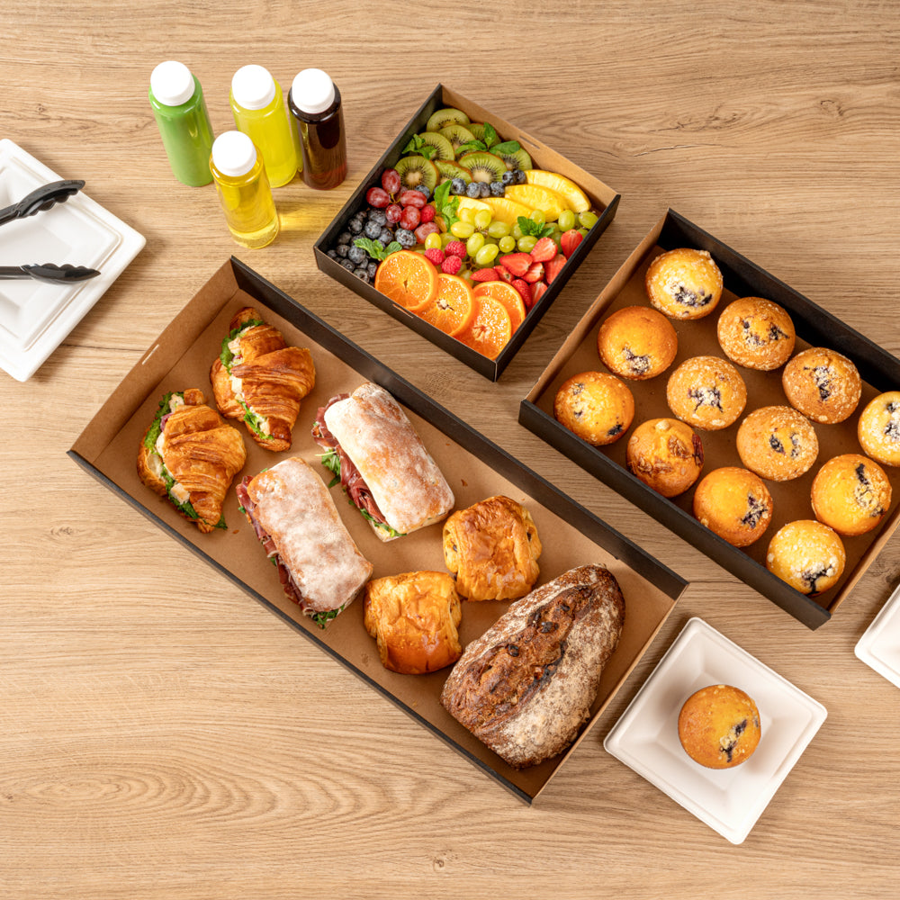 Cater Tek Rectangle Black Paper Catering Box - with Window Lid - 22 1/4" x 10" x 3 1/4" - 100 count box