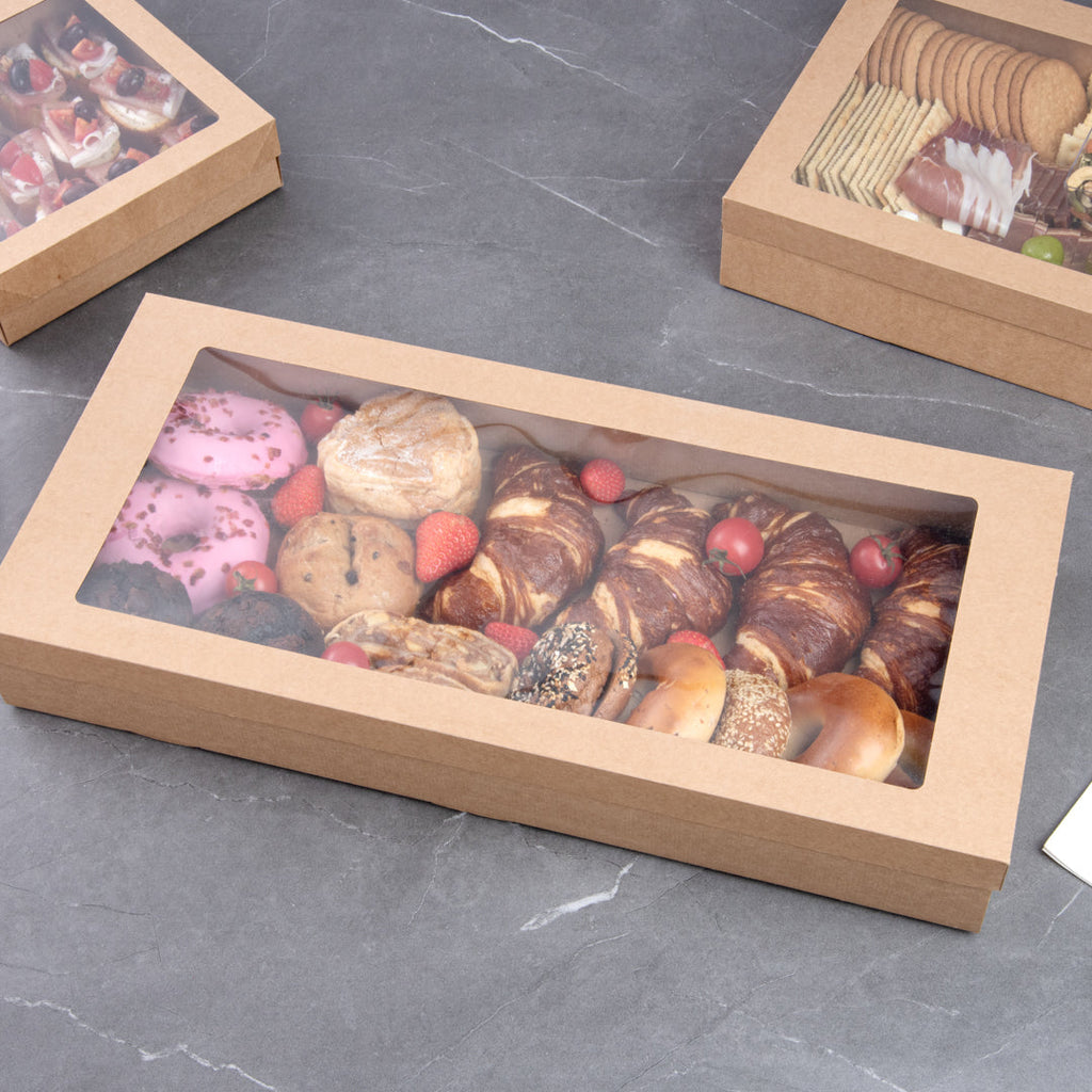 Cater Tek Rectangle Kraft Paper Catering Box - with Window Lid - 22 1/4" x 10" x 3 1/4" - 10 count box